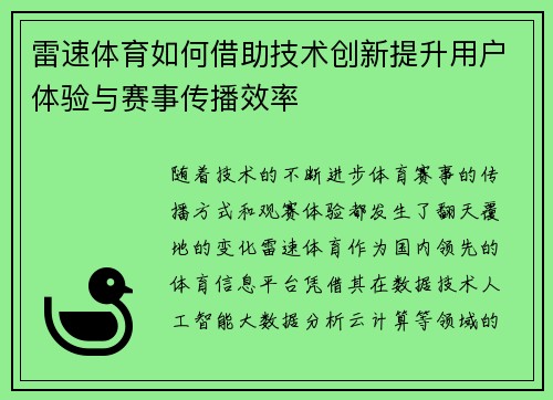 雷速体育如何借助技术创新提升用户体验与赛事传播效率
